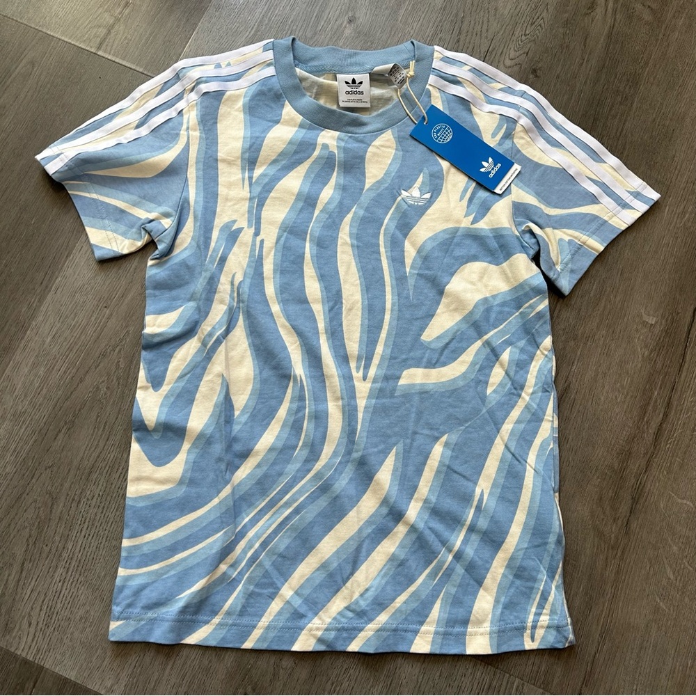 adidas Originals Abstract Allover Animal Print T-Shirt Womens xs Blue Ivory Nwt
